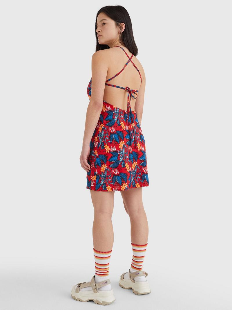 Női Tommy Hilfiger Floral Tie-Back Mini Dresses Piros | HU 92NWY